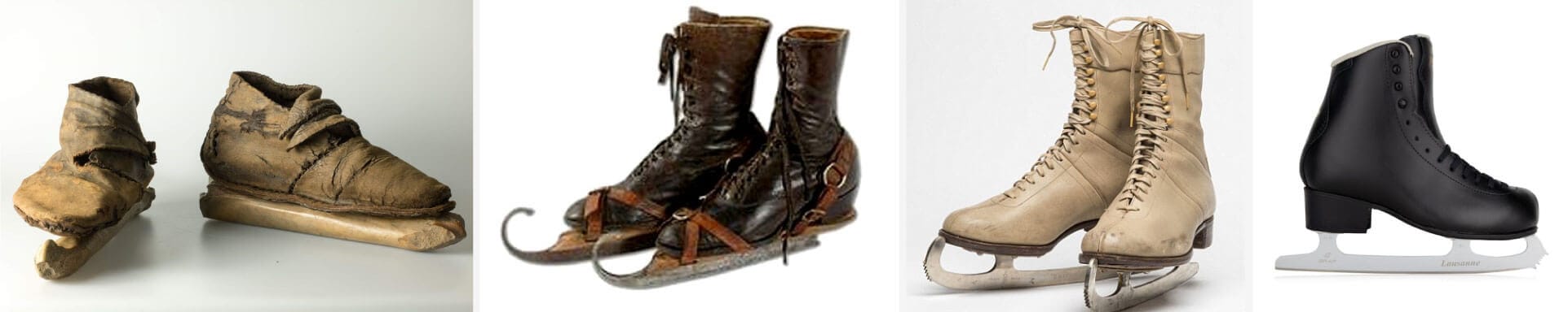 Collage of images showing various historic types of ice skates, from bone skates to modern metal blades.