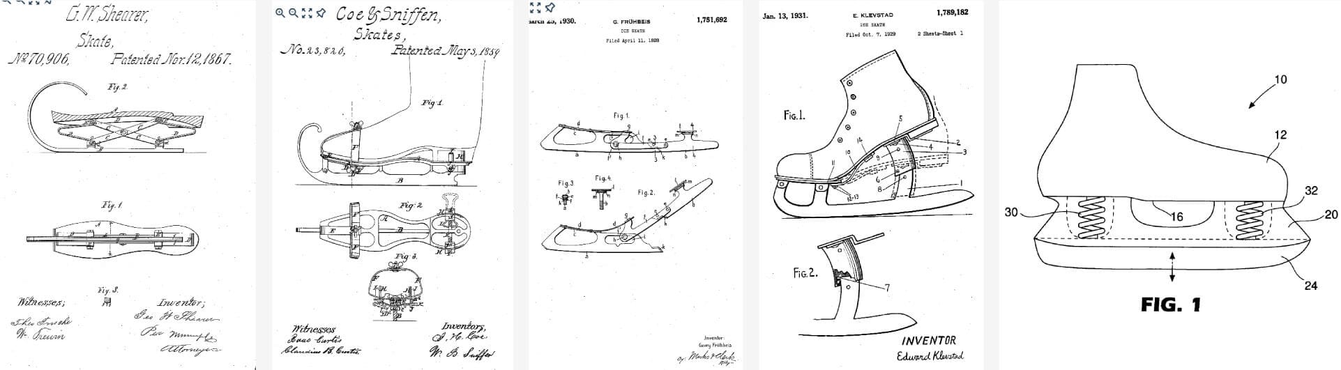 Collage of images showing various patents for shock-absorbing ice skating blades from the 1800s to the present day.
