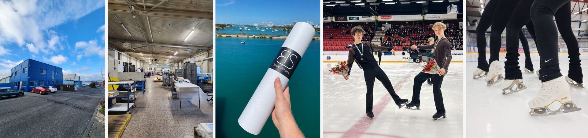 Collage of images showing a blade manufacturing facility and happy skaters at a competition.
